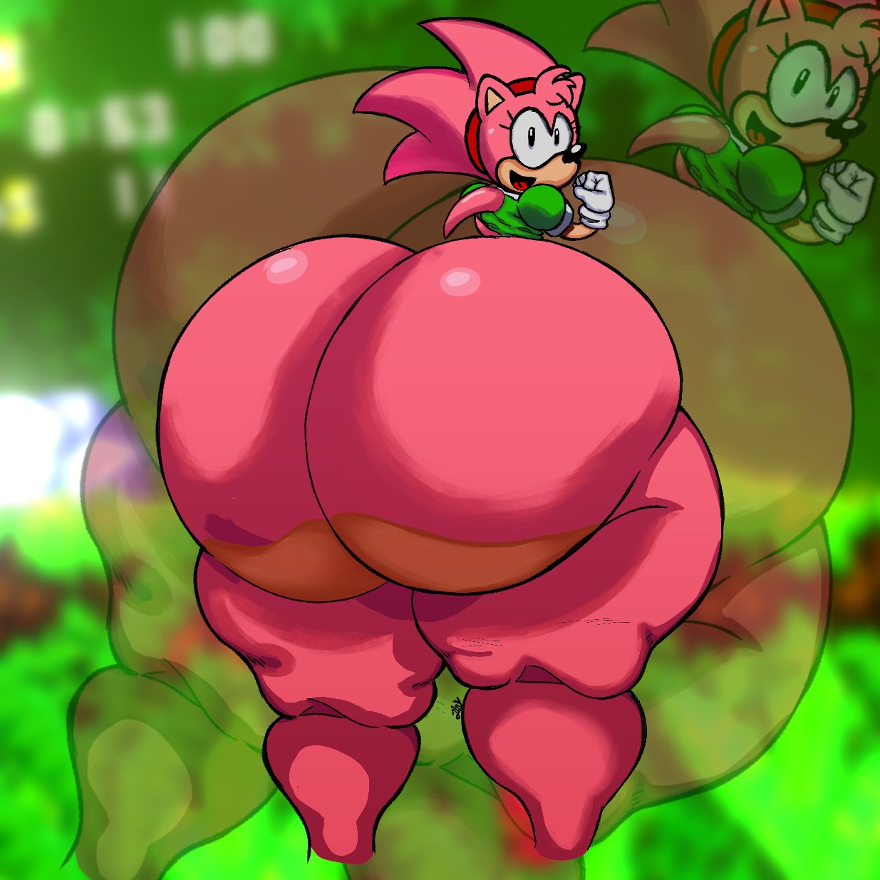 amy rose, angel island, anthro, ass, ass focus, big ass, classic amy rose, classic sonic (universe), gigantic ass, hedgehog, huge ass, hyper ass, large ass, looking at viewer, looking back, massive ass, monstorlilly, smiling, sonic (series), sonic 3, sonic origins, sonic the hedgehog (series), thick thighs, wide hips