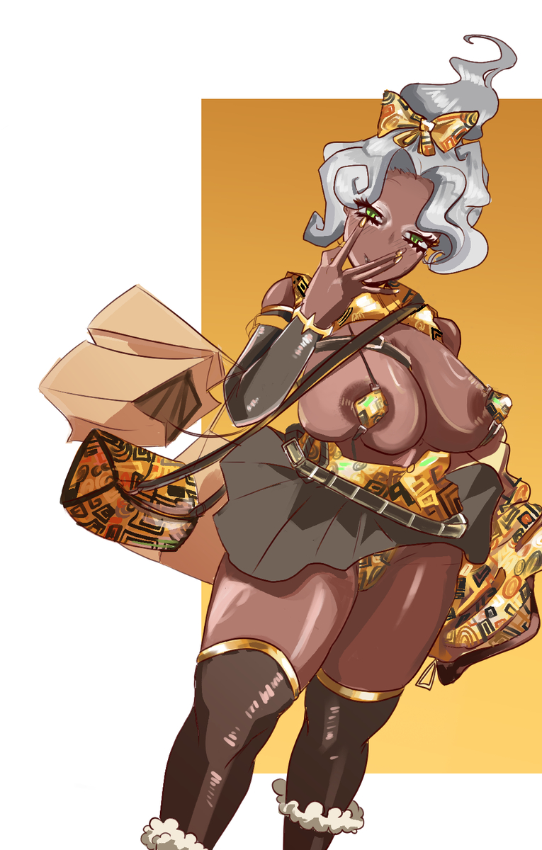 1girls, areolae, areolae slip, big breasts, black skin, black skinned female, breasts, gold clothing, gold nail polish, green eyes, grey hair, gyaru, gyaru gal, king of greed, knee socks, library of ruina, lobotomy corporation, looking at viewer, notafishe, painted nails, project moon, skirt, skirt around belly, tagme, thick thighs, underwear