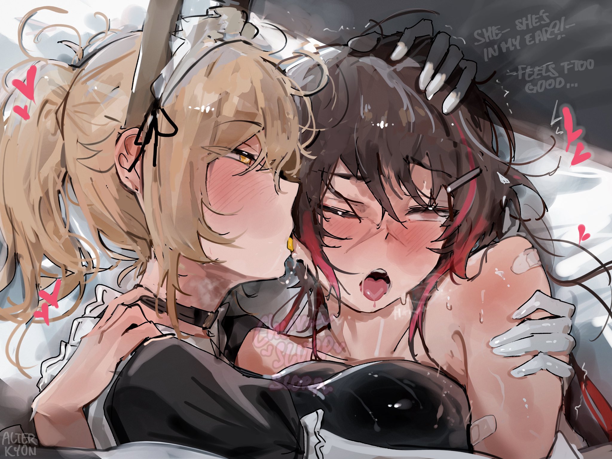alterkyon, big breasts, blonde hair, breasts, brown hair, cuddling, ear licking, female, femboy, femboy on female, in bed, licking ear, long hair, magicorps (alterkyon), maid headdress, male, original, original characters, orion (alterkyon), pleasure face, sweat, sweating, tadakuni (alterkyon)