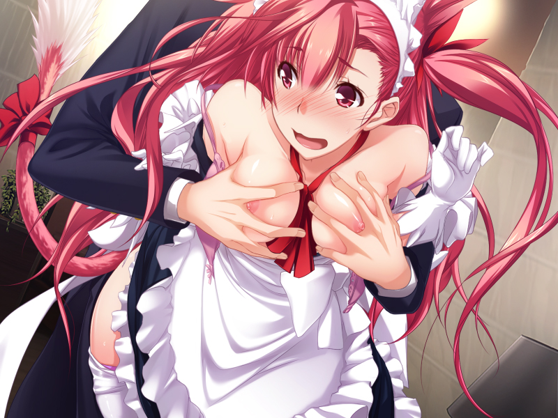 areolae blush bra breast_grab breasts female game_cg gloves highres kawagishi_keitarou long_hair looking_back maid maid_headdress maji_de_watashi_ni_koi_shinasai! medium_breasts molestation open_clothes open_mouth pink_eyes pink_hair sheila_colombo standing tail