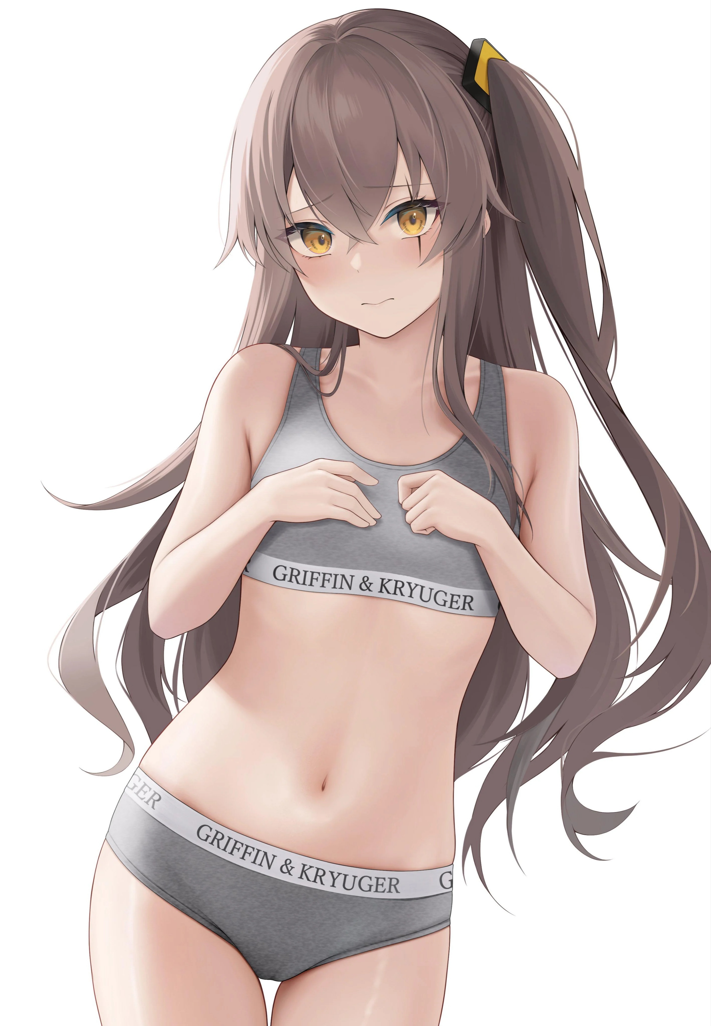 1girl, 1girls, bra, codename696, female, female only, flat chest, girls' frontline, long hair, panties, scar, scar across eye, scar on face, small breasts, sports bra, sports panties, ump45 (girls' frontline), underwear