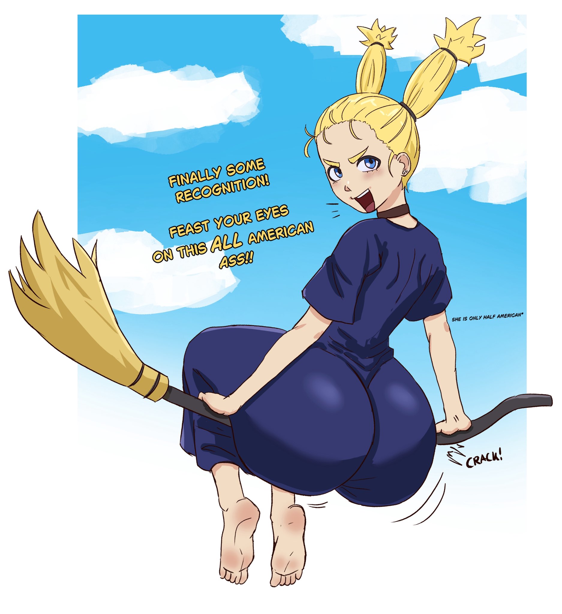 1girls, ass, ass focus, ass in dress, barefoot, big ass, blonde hair, blue eyes, broomstick, bubble butt, dress, flying broom, heavy butt, huge ass, jujutsu kaisen, light skin, light-skinned female, looking back, nishimiya momo, province (artist), sitting, sitting on broom, smile, soles, solo, text