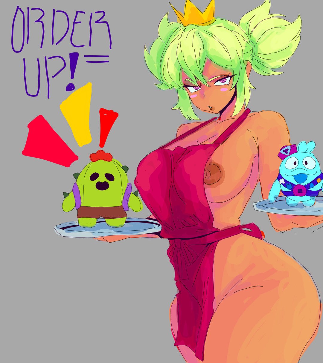 apron, apron only, big breasts, blush, blushing, brawl stars, crown, curvaceous, curvaceous female, dark-skinned female, dplasma, grey background, mandy (brawl stars), platter, purple eyes, spike (brawl stars), squeak (brawl stars), twintails, waitress, yellow green hair