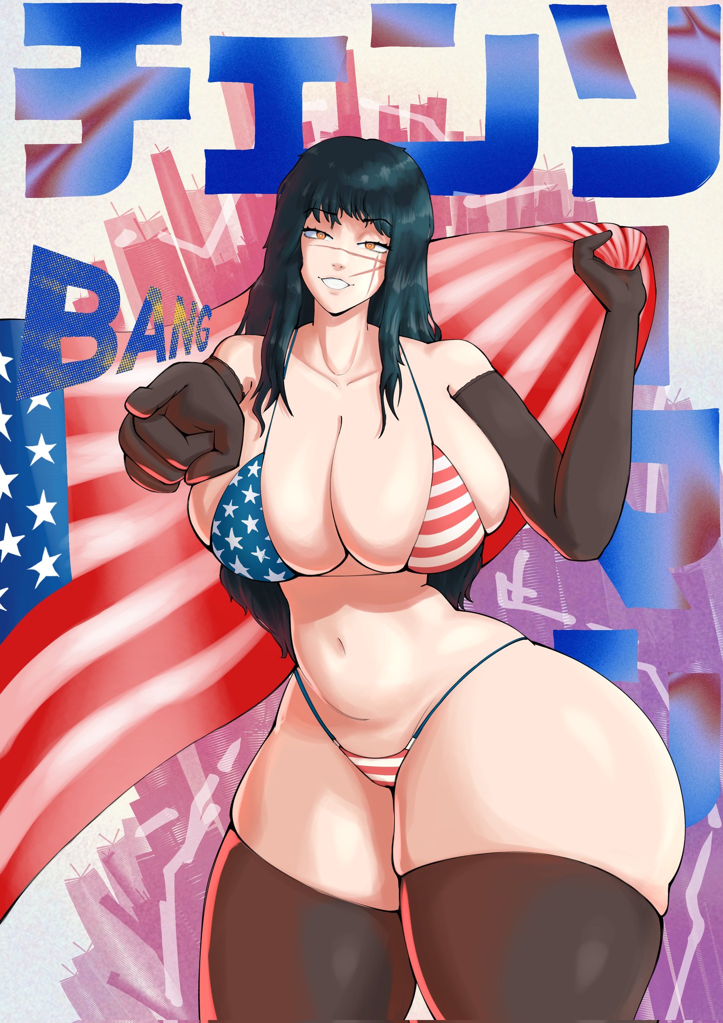 american flag bikini, belly, belly button, big breasts, breast press, chainsaw man, cleavage, curvy, curvy body, curvy female, curvy figure, half naked, huge breasts, huge thighs, ladno (artist), looking at viewer, pointing at viewer, slim female, slim thick, thighhighs, voluptuous female, wide hips, yoru (chainsaw man)