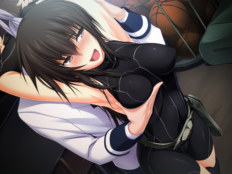 armpits arms_up ball basketball belt black_hair blush bondage breast_grab breasts female game_cg highres kawagishi_keitarou legs long_hair looking_back maji_de_watashi_ni_koi_shinasai! matsunaga_tsubame medium_breasts open_mouth purple_eyes smile standing sweat thighs