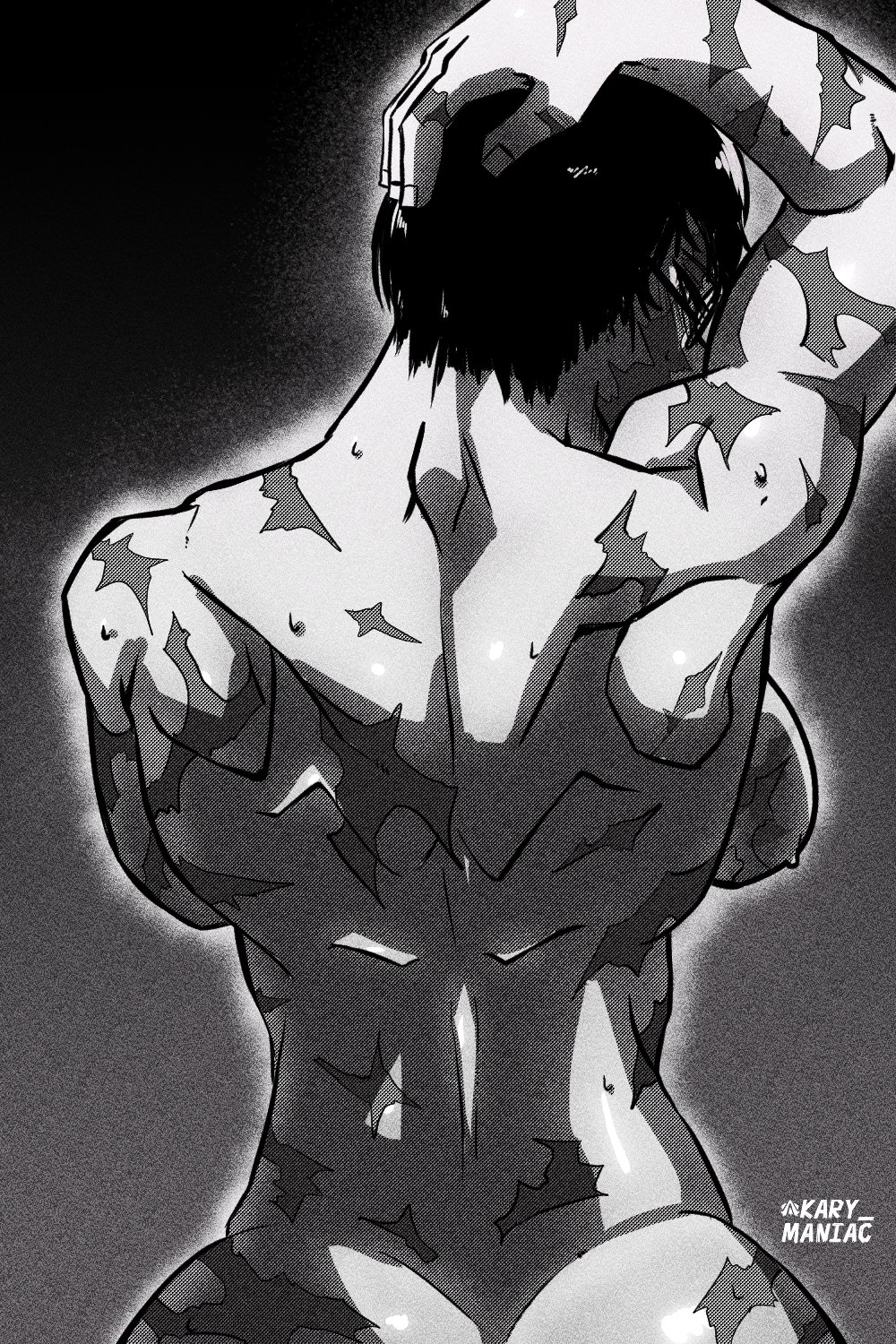, 1girls, ass, back view, big ass, big breasts, breasts, female, glasses, jujutsu kaisen, karymaniac, muscular, muscular female, nude, scar, short hair, solo, zenin maki