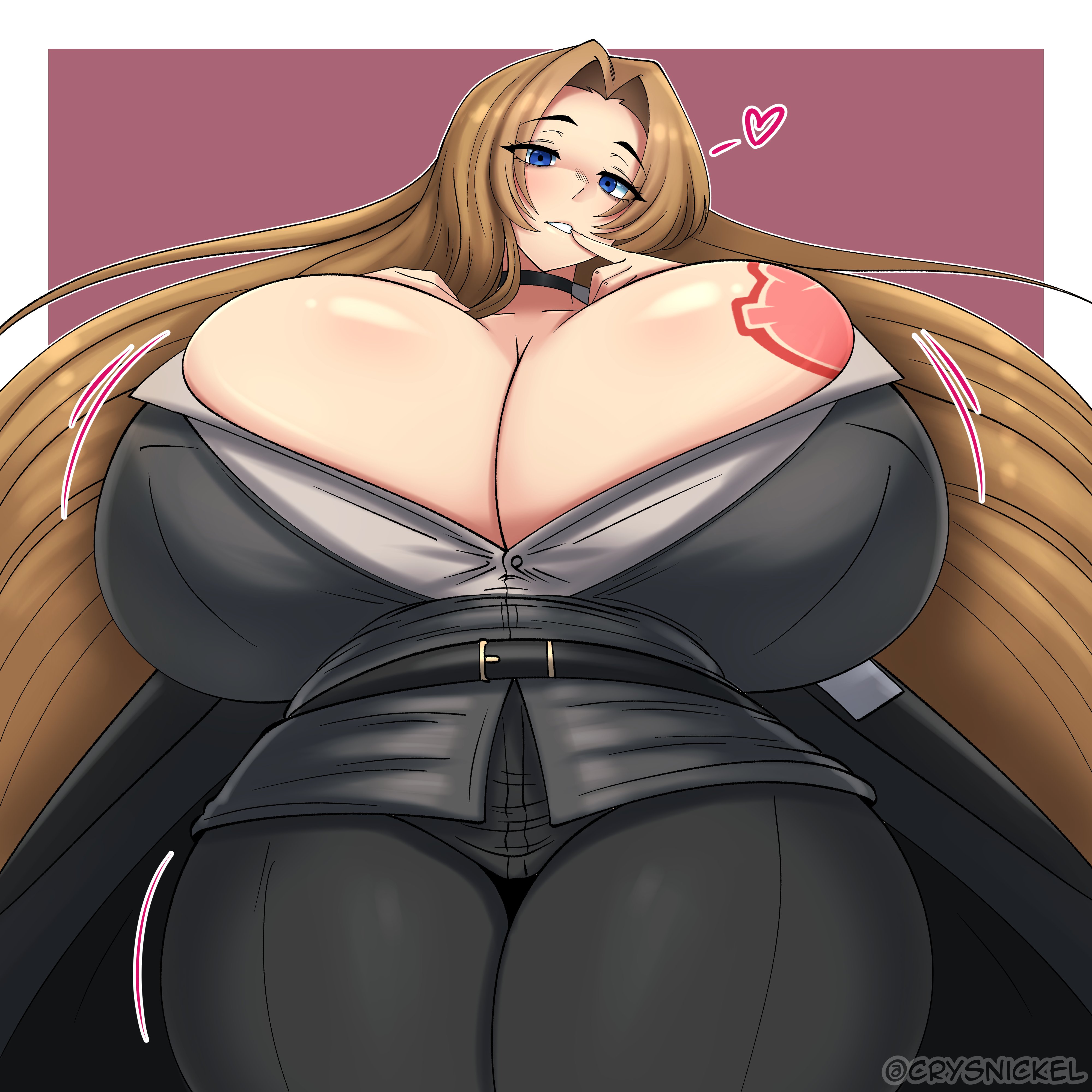 1girls, big breasts, blue eyes, breasts, brown hair, cleavage, crysnickel, curvy, gigantic breasts, heart, huge breasts, limbus company, long hair, looking at viewer, project moon, rodion (limbus company), smile, solo, tagme, thick thighs, thighs