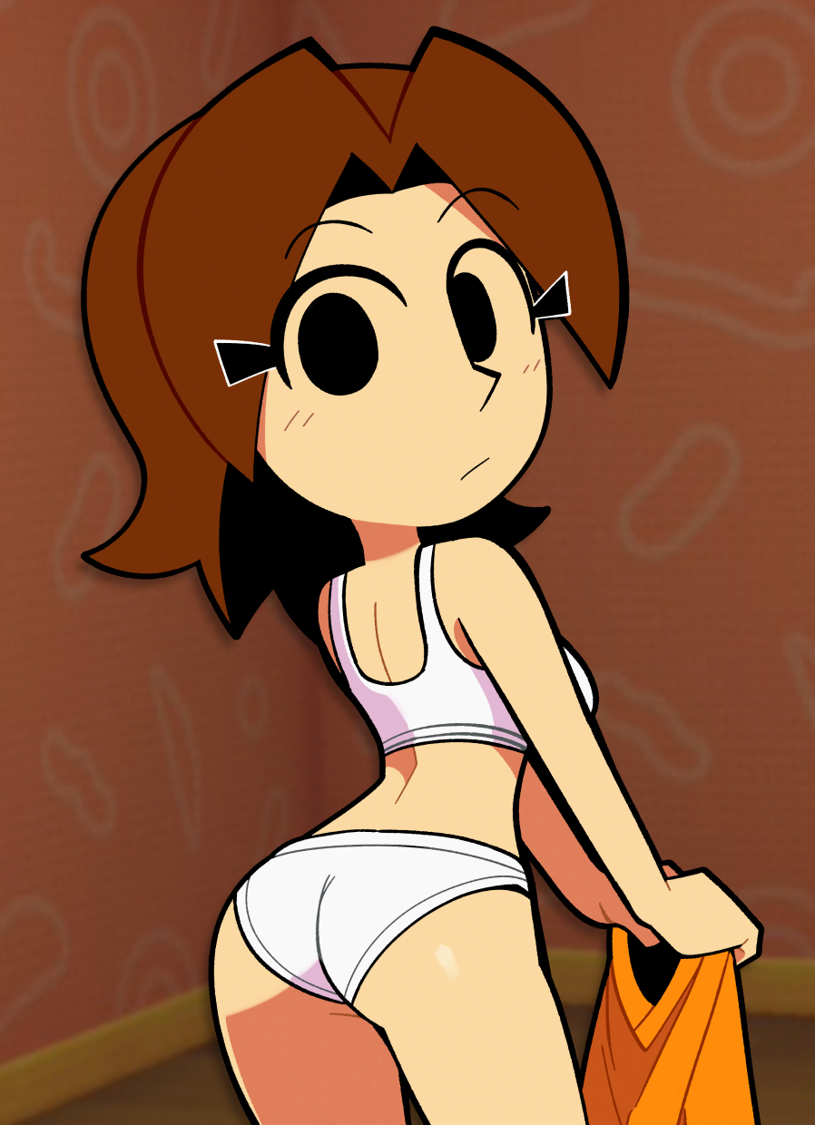 :/, 1girl, 1girls, ass, back, bare arms, bare shoulders, black eyes, blurry background, blush, bra, breasts, brown hair, butt, closed mouth, clothing, cowboy shot, expressionless, female, from behind, hair ornament, hairclip, holding, holding clothes, holding shirt, indoors, light frown, looking at viewer, looking back, medium breasts, medium hair, mii, mii gunner, mii gunner (smash 4), nintendo, no pupils, orange shirt, panties, pantsu, parted bangs, scott falco, scottfalco (artist), shiny skin, shirt, short hair, solo, sports bra, standing, super smash bros, super smash bros., super smash bros. for nintendo 3ds and wii u, training bra, underwear, underwear only, undressing, unworn shirt, white bra, white panties, white underwear