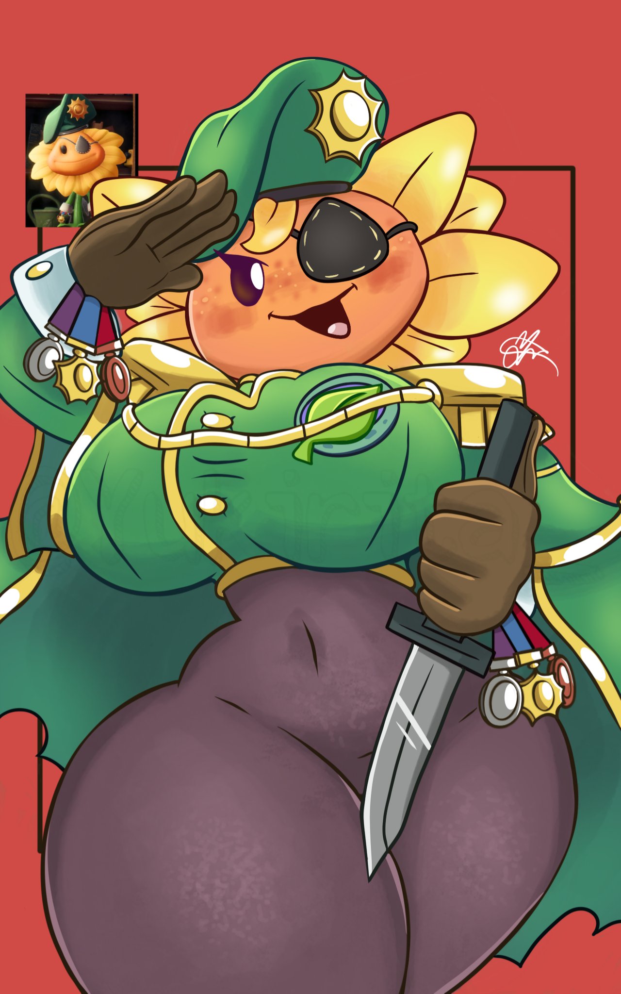 anthro, anthrofied, ass, big breasts, breasts, electronic arts, eyepatch, female, flora fauna, knife, major sweetie (pvz), plant, plant humanoid, plantie, plants vs zombies, plants vs. zombies, popcap games, salute, sunflower (pvz), video game character, video games, yukirita