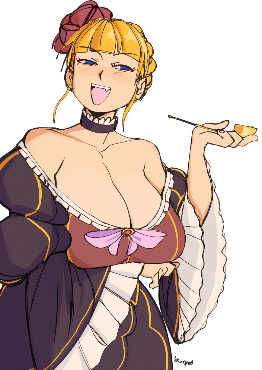 07th expansion, 1girls, 2d, 2d (artwork), 3amsoda, baggy clothing, bare shoulders, beatrice (umineko), big breasts, blonde hair, blue eyes, breast support, breasts, cleavage, clothed, clothed female, clothing, collar, crown braid, dress, fangs, female, female only, hair ornament, huge breasts, large breasts, light skin, light-skinned female, orange hair, pipe smoking, sagging breasts, shiny breasts, shiny hair, shiny skin, short hair, smoke, smoking, smug, solo, solo female, umineko no naku koro ni, victorian