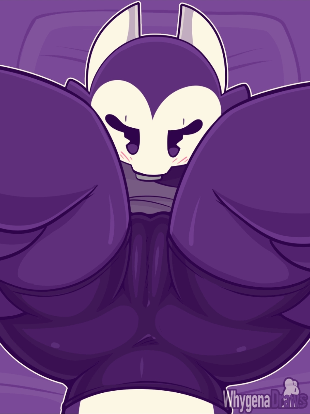 3:4, anthro, anus, ass, biped, black body, evelyn (whygena), female, genitals, horn, kobold, legs up, looking at viewer, lying, on back, purple eyes, scalie, shorts, simple background, smile, solo, tail, teeth, vulva, white body, whygena