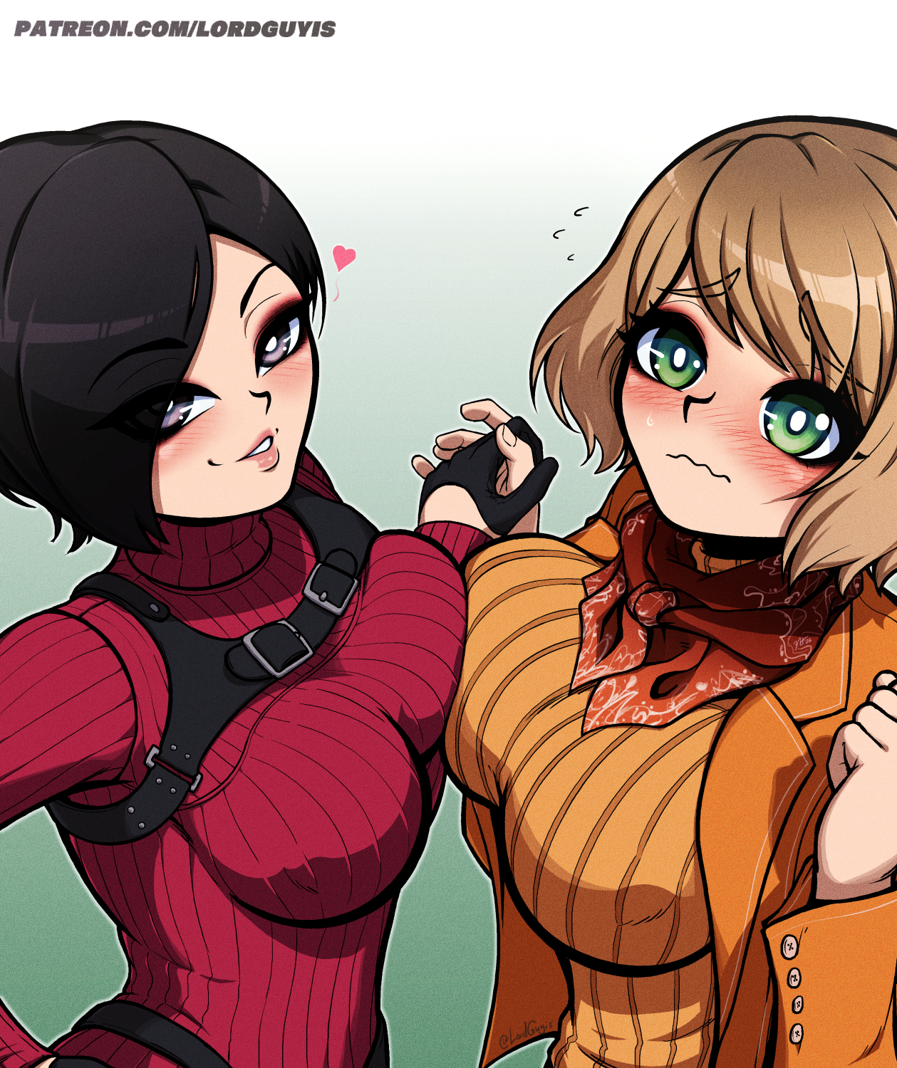 2girls, ada wong, ada wong (adriana), ashley graham, ashley graham (ella freya), asian, asian female, asymmetrical docking, big breasts, black gloves, black hair, bob cut, breast focus, breast to breast, breasts, capcom, female, female only, gloves, green eyes, handholding, holding hands, large breasts, light skinned female, looking at viewer, lordguyis, patreon, patreon url, resident evil, resident evil 4, resident evil 4 remake, sweater, turtleneck sweater, video game, video game character