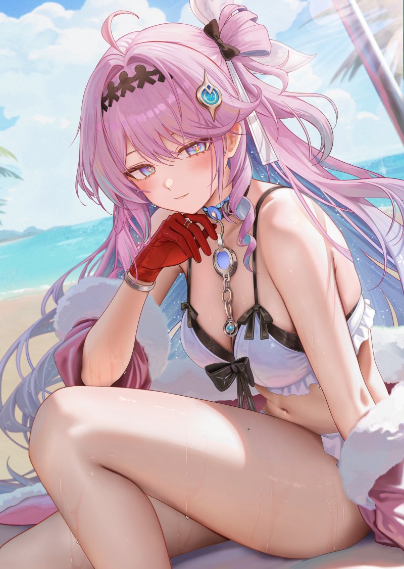 1girls, beach, blue eyes, breasts, denia (wuthering waves), female, long hair, pink hair, ru zhai, ruzhai, swimsuit, white swimsuit, wuthering waves