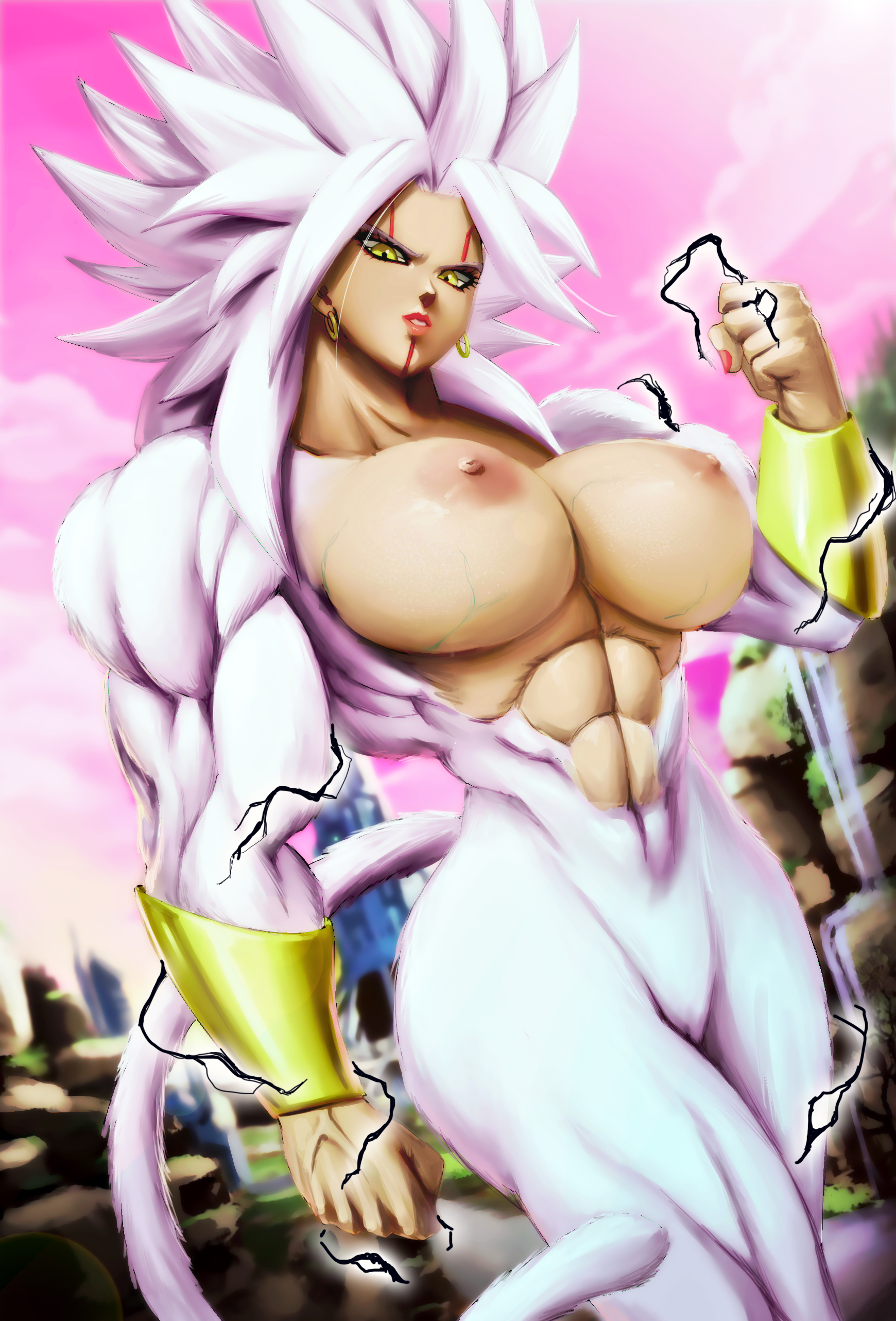 1girls, big breasts, breasts, dragon ball, dragon ball heroes, dragon ball super, earrings, female, kale, kale (berserker), kamin, large breasts, muscular, muscular female, neo machine mutant, nipples, novasayajingoku, saiyan, saiyan female, solo, super dragon ball heroes, super saiyan, super saiyan 4, tuffle, tuffleization, yellow eyes