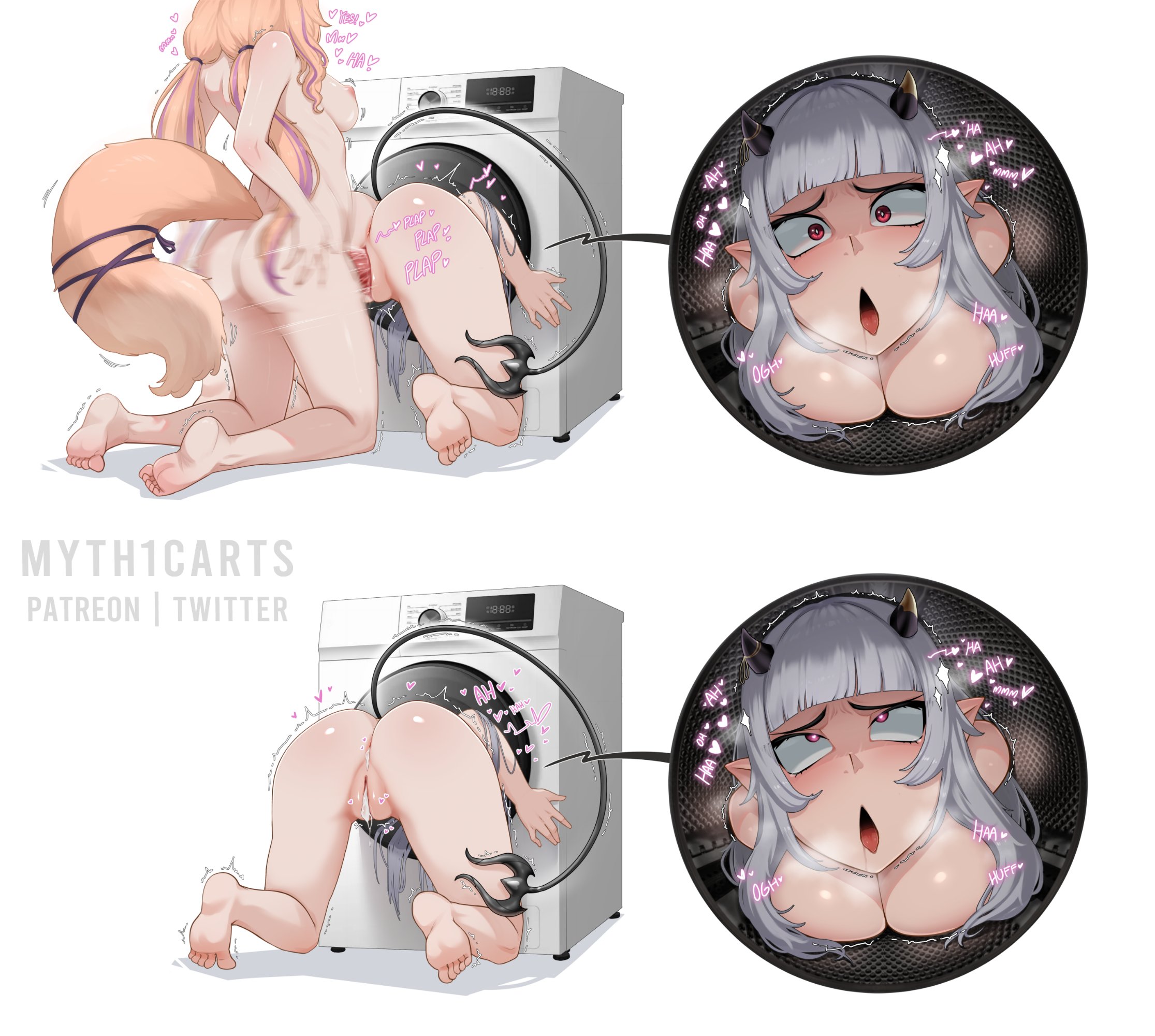 1futa, 1girls, from behind, from behind position, futa on female, futanari, indie virtual youtuber, light skin, light-skinned female, light-skinned futa, lucy pyre, myth1c, myth1carts, sex, sex from behind, squchan (vtuber), stuck, stuck in washing machine, virtual youtuber, vtuber, vyugen