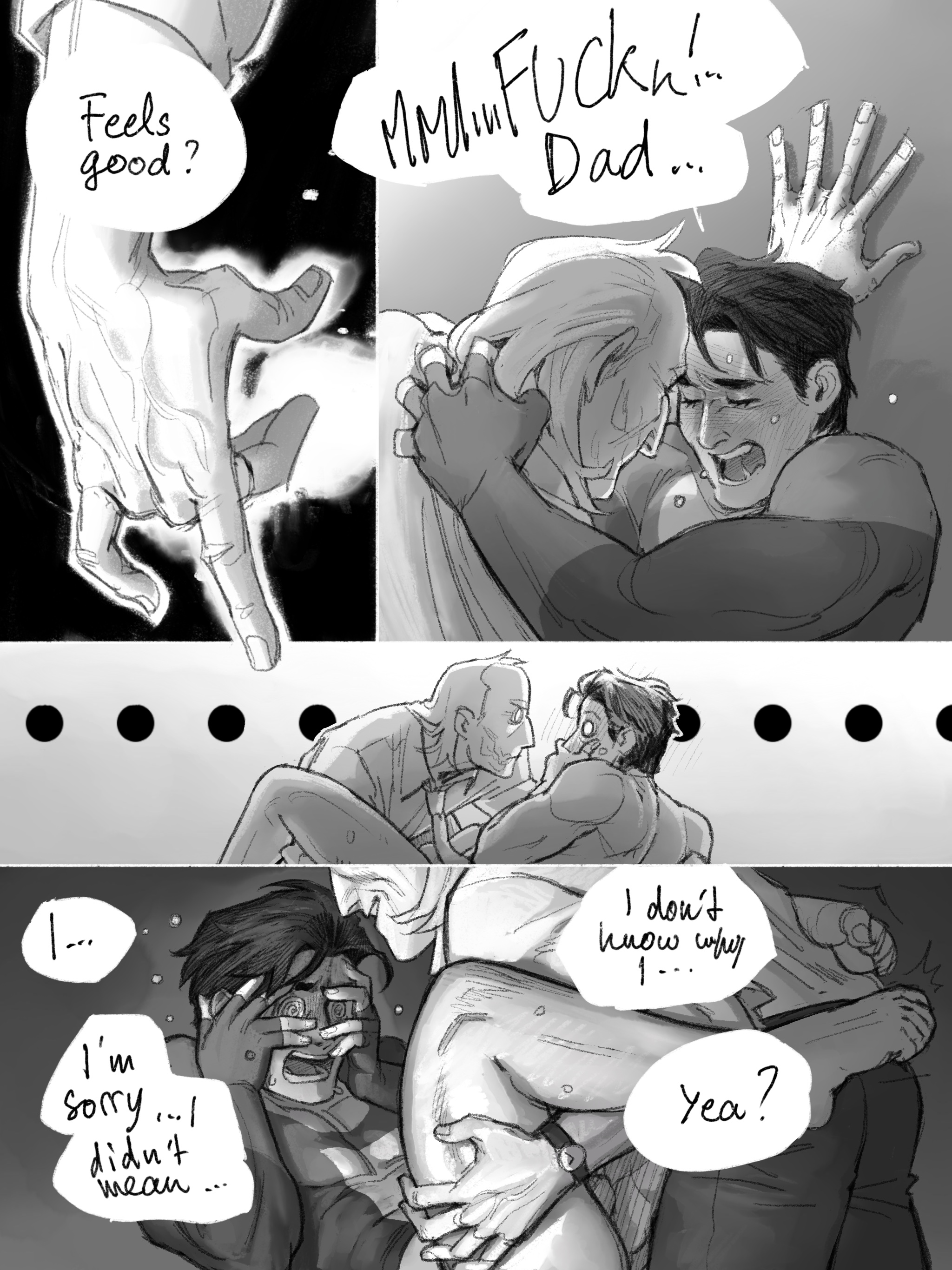 2025, 2boys, black and white, black hair, blush, cecil stedman, clothed, clothing, embarrassed, embarrassed expression, english, english text, fingering, fingers, hair, holding leg, holding leg up, invincible, invincible (comics), invincible (superhero), invincible (tv series), legs, legs apart, legs spread, light skin, light-skinned male, male, male only, male/male, mark grayson, mature, mature male, no visible genitalia, older male, older male and younger male, open eyes, open mouth, pants removed, scar, shirt, sweat, sweatdrop, sweating, teeth, teeth showing, teeth visible, text, text bubble, tie, unfruitpourri, viltrumite, white shirt, wrist watch, younger male