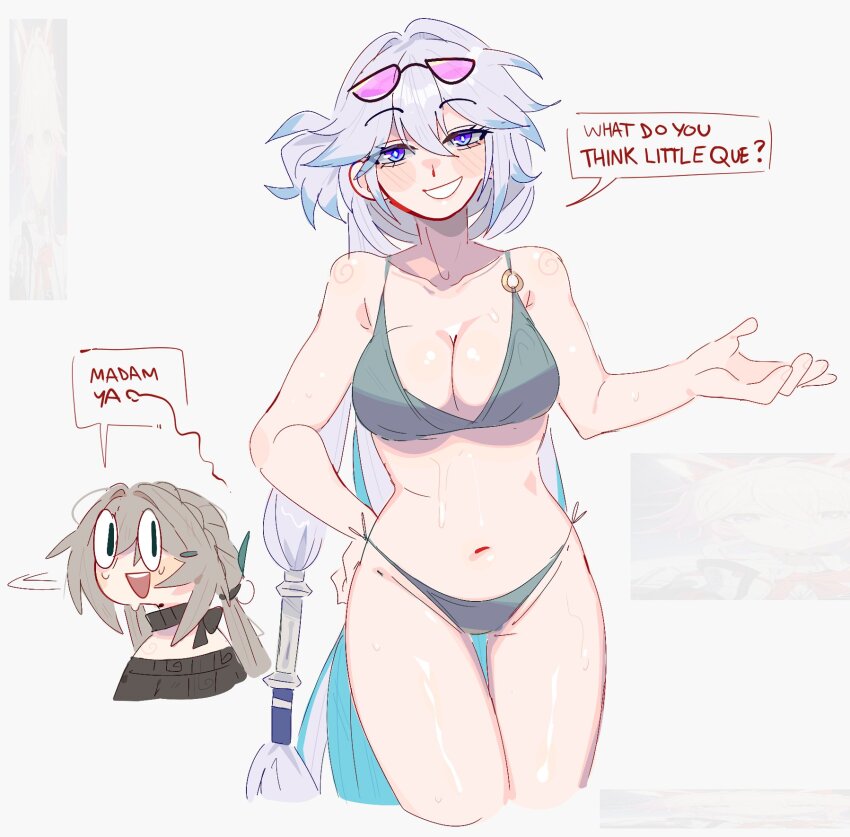 :d, 2girls, absurdres, bare shoulders, big breasts, bikini, blue eyes, blue hair tips, blush, blushing, breasts, cleavage, commentary, cropped legs, english commentary, evanescia (honkai: star rail), eyewear on head, female, female focus, female only, grey background, grey bikini, grey hair, grin, hand on hip, highres, hips, hips wider than shoulders, honkai (series), honkai: star rail, huge breasts, imminent sex, inner sideboob, long hair, looking at another, looking at ass, looking at viewer, multiple girls, navel, open mouth, qingque (honkai: star rail), relatable, sideboob, simple background, smile, speech bubble, stomach, sunglasses, sweat, sweating, swimsuit, thighs, unfamousradish, very long hair, yao guang (honkai: star rail), yuri
