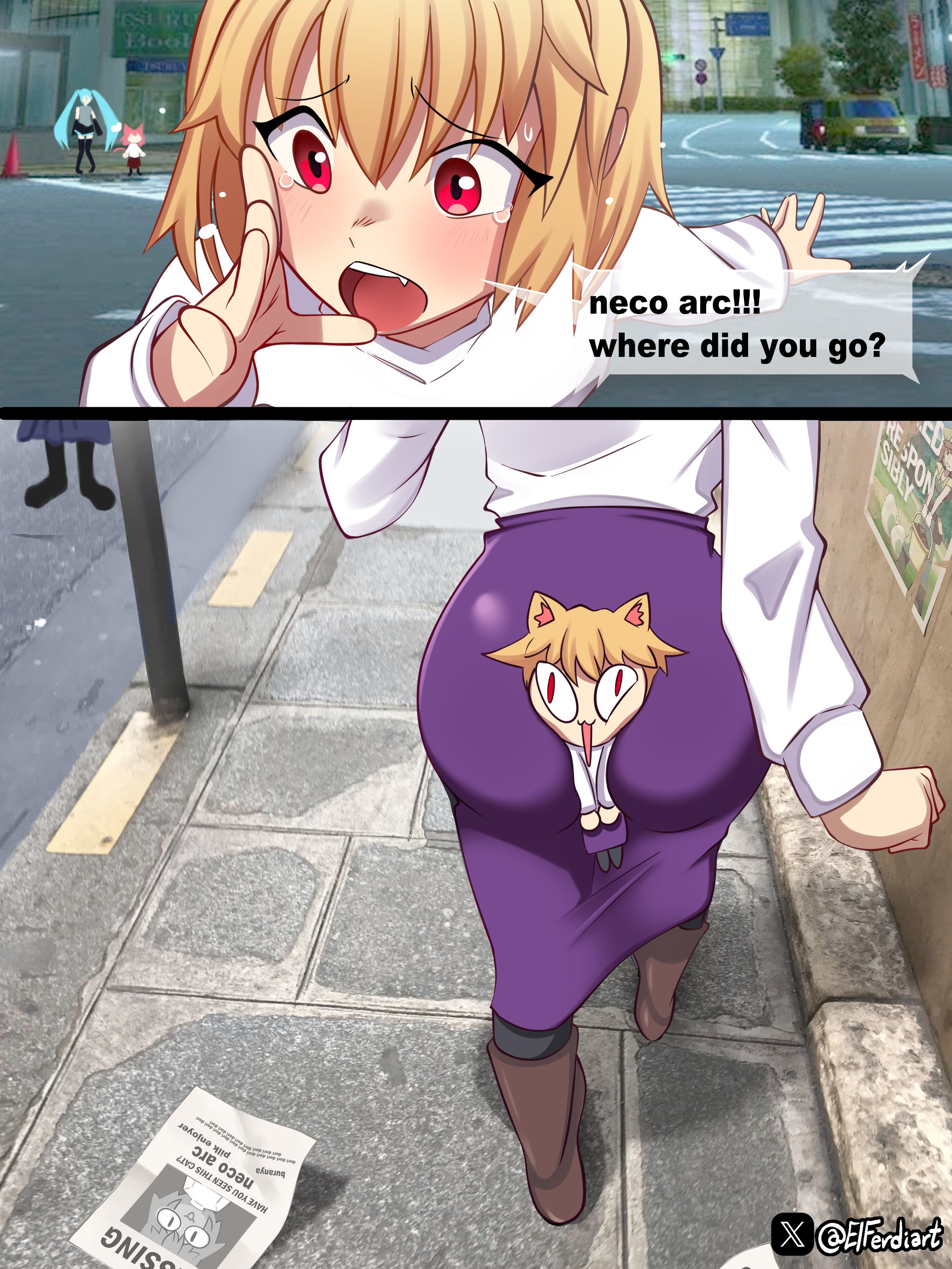 5girls, absurdres, animal ear fluff, animal ears, arcueid brunestud, artist name, ass, ass focus, bangs, between buttocks, black pantyhose, blonde hair, blush, boots, brown boots, brown footwear, cat ears, cat girl, chibi, chibi inset, comic, crying, curimomo, dual persona, elferdiart, english text, face in ass, fang, giantess, ground vehicle, hair between eyes, hatsune miku, highres, huge ass, long skirt, long sleeves, meme, motor vehicle, multiple girls, neco-arc, neco-arc destiny, nervous sweating, open mouth, outdoors, pantyhose, photo background, purple skirt, red eyes, road, screaming, short hair, sidelocks, sidewalk, size difference, skirt, speech bubble, street, sweat, sweater, tearing up, tears, teeth, trapped, tsukihime, tsukihime (remake), turtleneck, twitter username, upper teeth only, vampire, walking, white sweater, worried