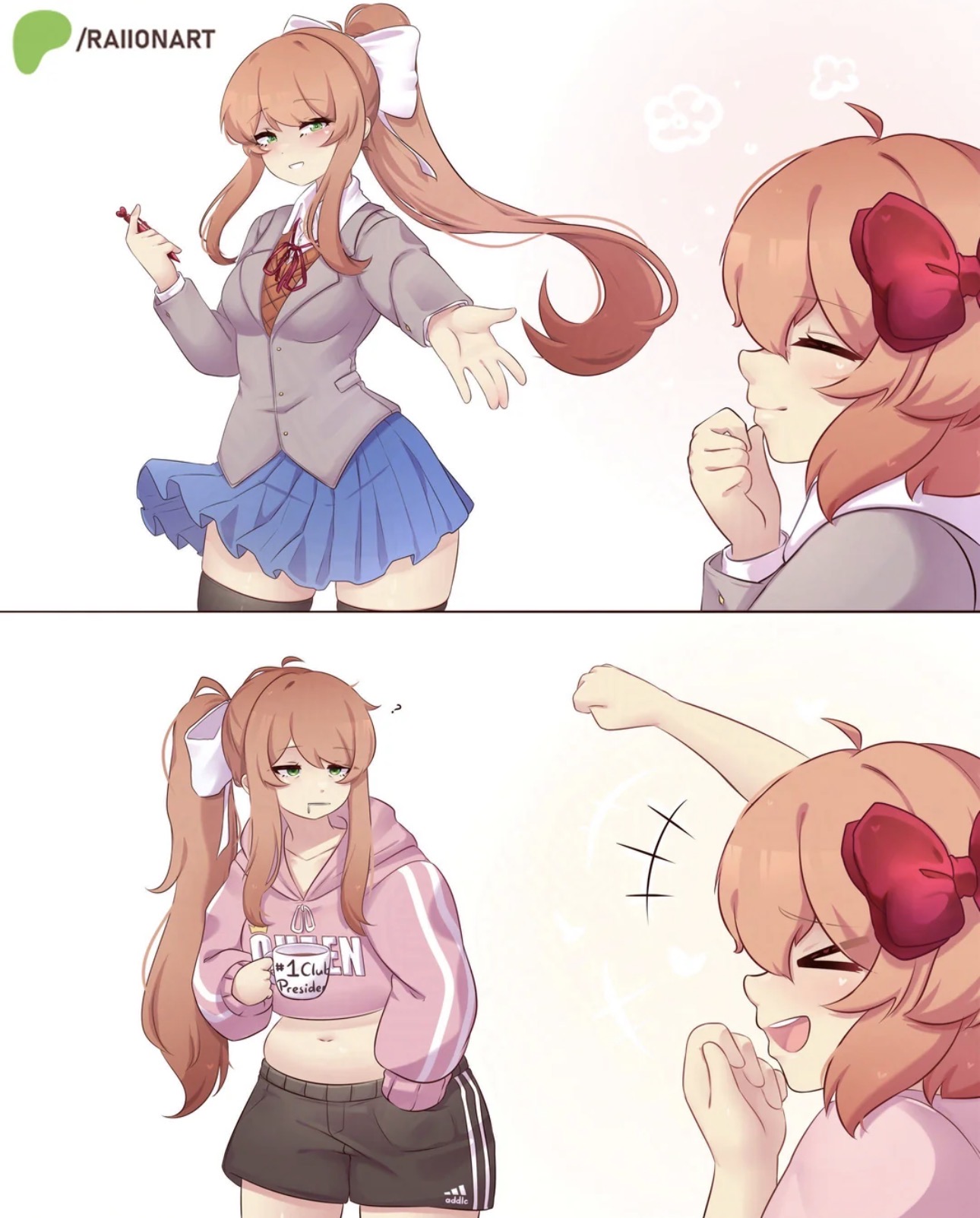 2girls, belly button, blazer, bow, brown hair, chubby, chubby female, coral pink hair, cute, doki doki literature club, drooling, hand out, hoodie, laughing, lazy, long hair, monika (doki doki literature club), pink shirt, raionart, sayori (doki doki literature club), shorts, skirt, slightly chubby, slightly chubby female, smiling, thighs, uniform female