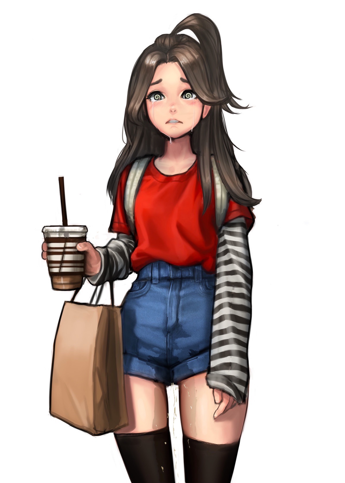 brown hair, embarrassed, female only, femsub, humiliation, hypnosis, hypnotized, hypnotized female, jungon kim, peeing, peeing self, piss, pissing, ponytail, solo, spiral eyes, symbol in eyes, tagme, tears, text, thighhighs, trigger, unhappy trance, urination, wetting, wetting clothing, wetting self