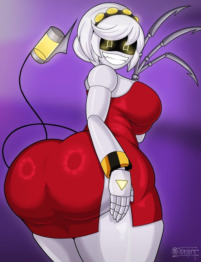 ass, delete, delete this, female, female only, glossy, grinning at viewer, hand on ass, hype ass, hyper, juicy ass, looking at viewer, murder drones, ramen mare, red dress, repost, shiny, smiling, tagme, thick ass, thick thighs, v (murder drones)