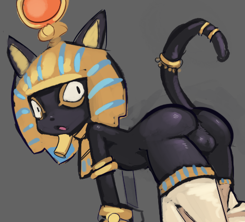 anubis anus ass black_eyes black_fur cat code_of_princess deity egyptian feline fur furry grey_background jewelry looking_back male male_only mammal marco_neko nude penis solo tail testicles topless