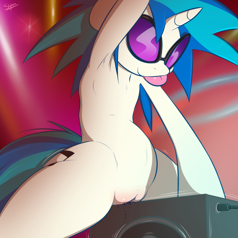 2014 armpits dj equine eyewear female feral friendship_is_magic fur glasses hair horn horse juice long_hair mammal my_little_pony nude pony pussy pussy_juice sitting slypon solo speaker spread_legs spreading unicorn vinyl_scratch_(mlp)