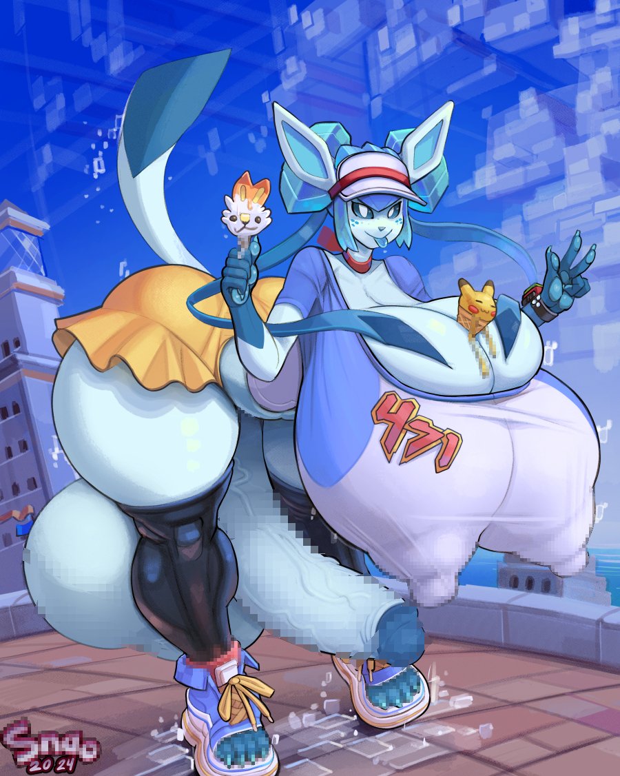 2024 anthro areola ass balls bent_over big_balls big_breasts big_butt big_penis biped blue_body bodily_fluids bottomwear breasts bulging_breasts censored censored_balls censored_genitalia censored_penis cleavage clothed clothing dated dessert eeveelution english_text erection food footwear futanari generation_4_pokemon genital_fluids genitals glaceon gynomorph hotpants huge_balls huge_breasts huge_butt huge_cock huge_hips huge_thighs hyper hyper_balls hyper_breasts hyper_genitalia hyper_penis ice_cream intersex knee_highs knee_socks legwear nintendo nipple_outline nipples penis pokemon pokemon_(species) precum puffy_areola puffy_nipples rosa_(pokemon) sandals shirt shoes shorts signature snao socks solo t-shirt text thick_thighs tongue tongue_out topwear wide_hips