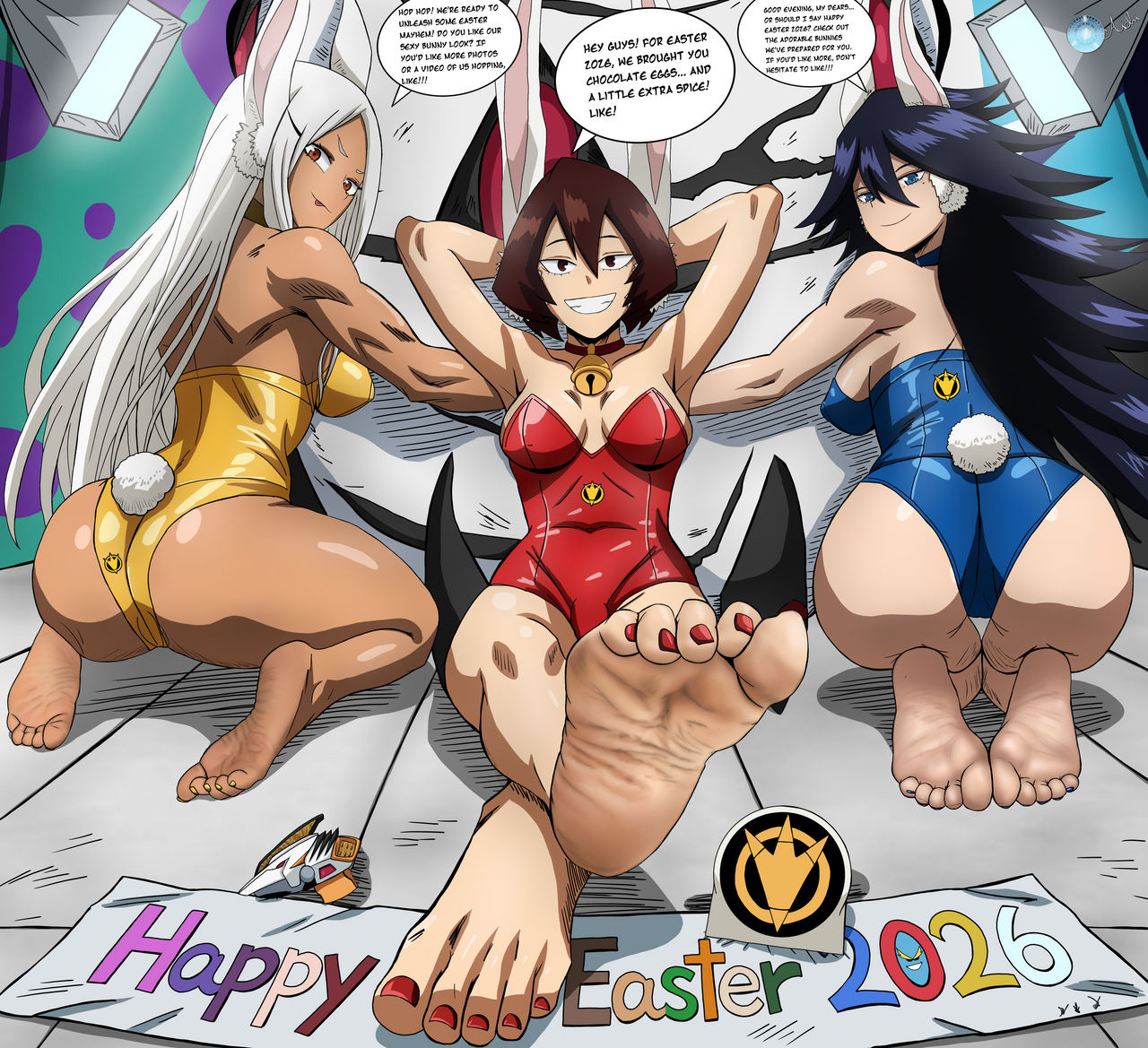 3girls, ass, bakuryu sentai abaranger, black hair, brown hair, bunny ears, bunny tail, bunnysuit, dark skin, feet, female, female only, foot focus, jetga, large breasts, long hair, mandalay, midnight (my hero academia), mirko, my hero academia, short hair, soles, white hair