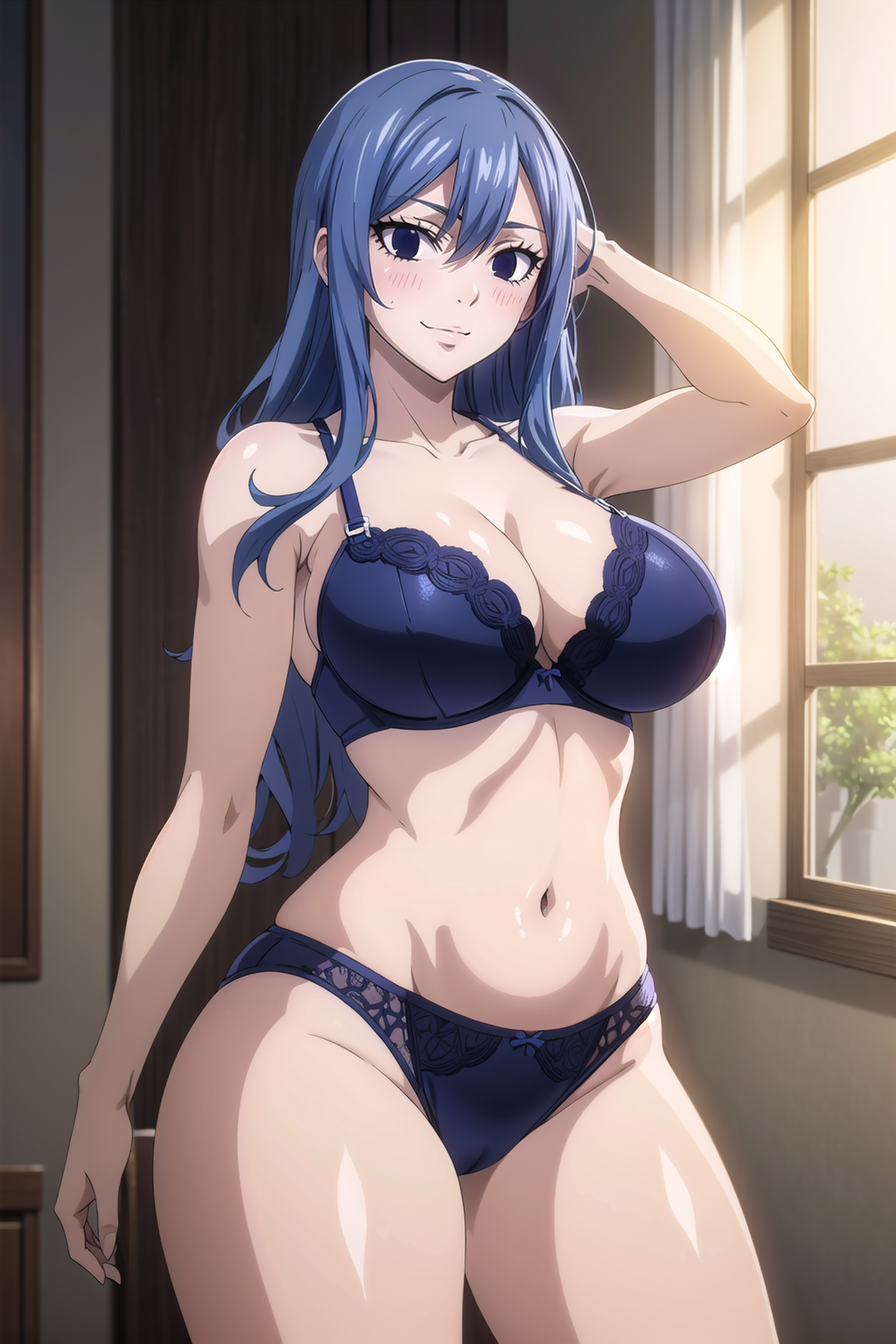 1girls, ai generated, arisato yu, big breasts, blue hair, breasts, fairy tail, female, female only, juvia lockser, lingerie, thick thighs, underwear