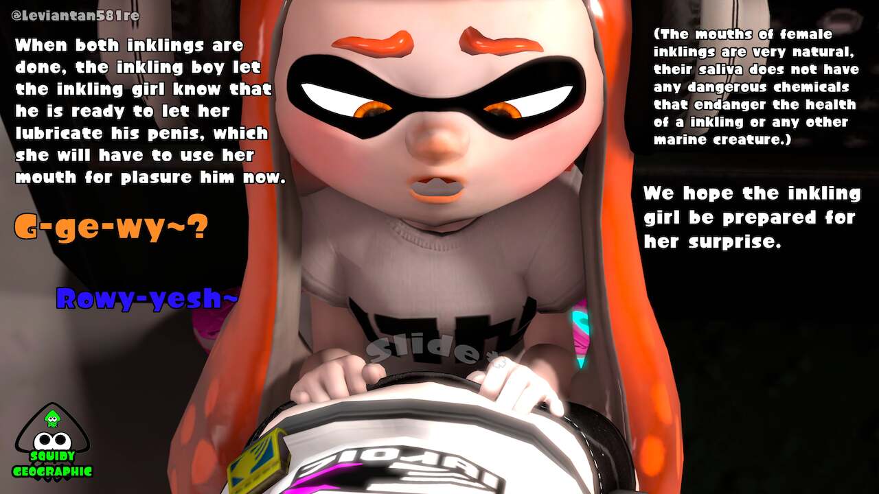 3d 3d_(artwork) blush clothed engrish horny imminent_fellatio imminent_oral in_heat inkling inkling_boy inkling_girl john_(splatoon) kaori_(splatoon) kneeling leviantan581re long_hair looking_down male_pov mating_season orange_hair pants_pull public public_indecency splatoon straight text unfinished watermark