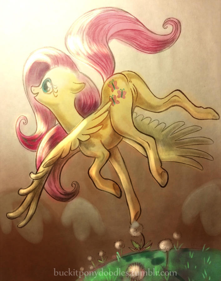 2014 anus ass buckitponydoodles cutie_mark dandelion equine female feral flower fluttershy_(mlp) friendship_is_magic fur grass hair hooves horse jumping mammal my_little_pony pink_hair pony pussy running simple_background solo teal_eyes wings yellow_fur