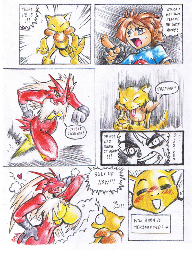 2boys abra avian big_breasts bittenhard blaziken blush breast_expansion breasts brown_hair cleavage comic female fur heart huge_breasts human inflation male nintendo pokemon pokemon_(species) pokemon_trainer pose red_fur shocked sketch text tongue tongue_out video_games