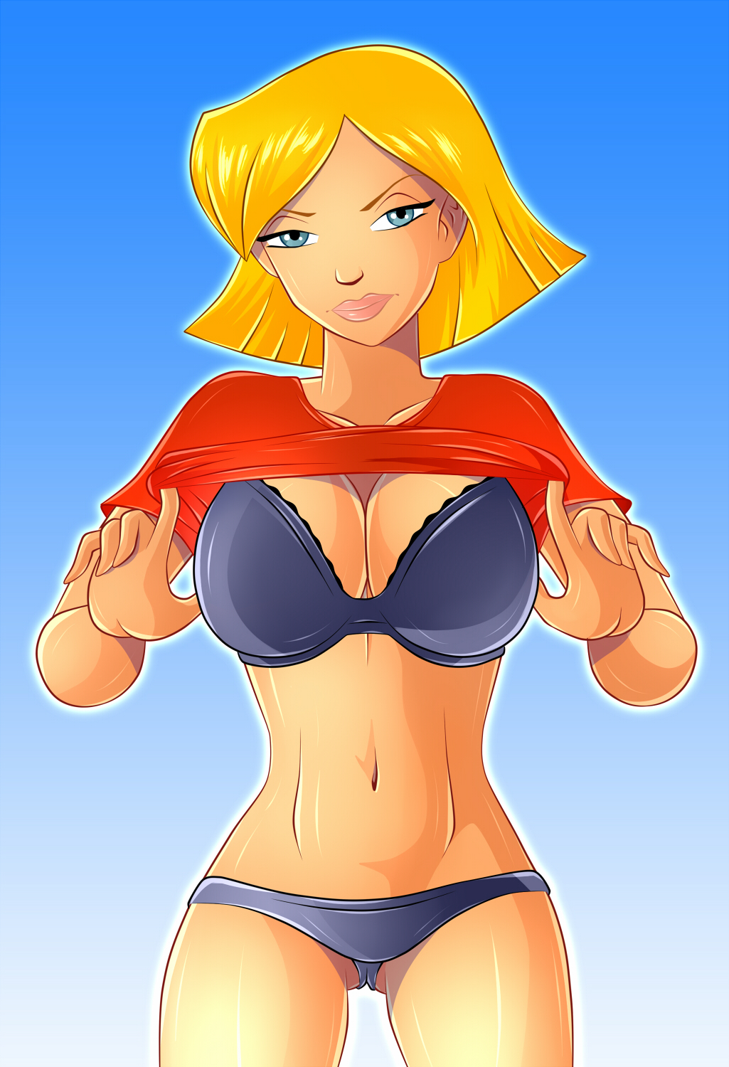 1girls, black bra, black panties, blonde hair, blue eyes, bra, breasts, busty, cleavage, clover (totally spies), female, female only, hourglass figure, human, navel, panties, shirt lift, solo, totally spies, voluptuous, zfive