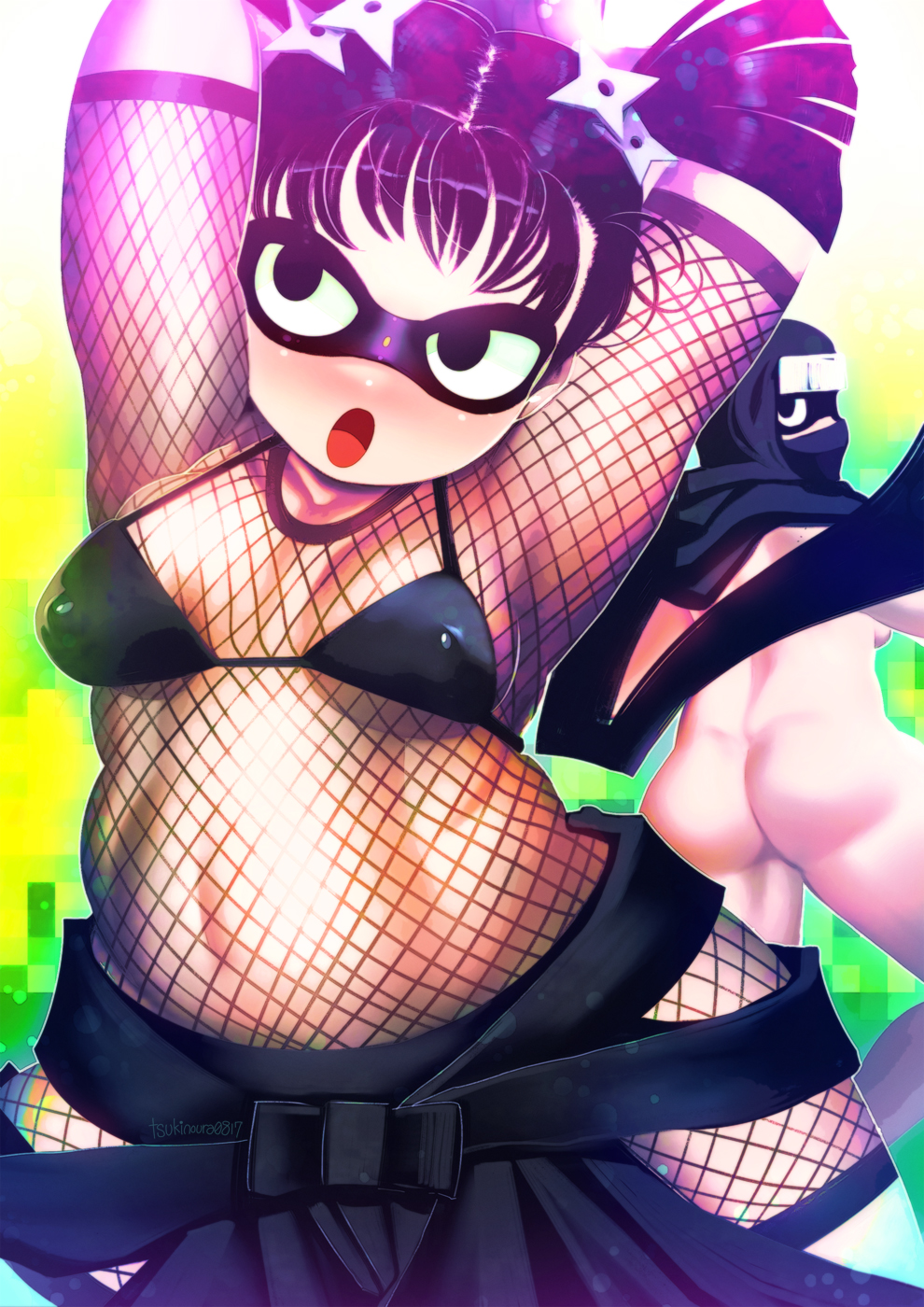 armpits arms_up ass bandage bikini bikini_top black_hair blush breasts chubby covered_nipples erect_nipples female fishnet fishnets hair_bun hair_ornament hakkasame kunoichi looking_back mask midriff multiple_views navel ninja ninja_suit nude one-punch_man open_eyes open_mouth panties scarf shadow_ring short_hair shuriken small_breasts solo swimsuit tied_shirt twintails underwear