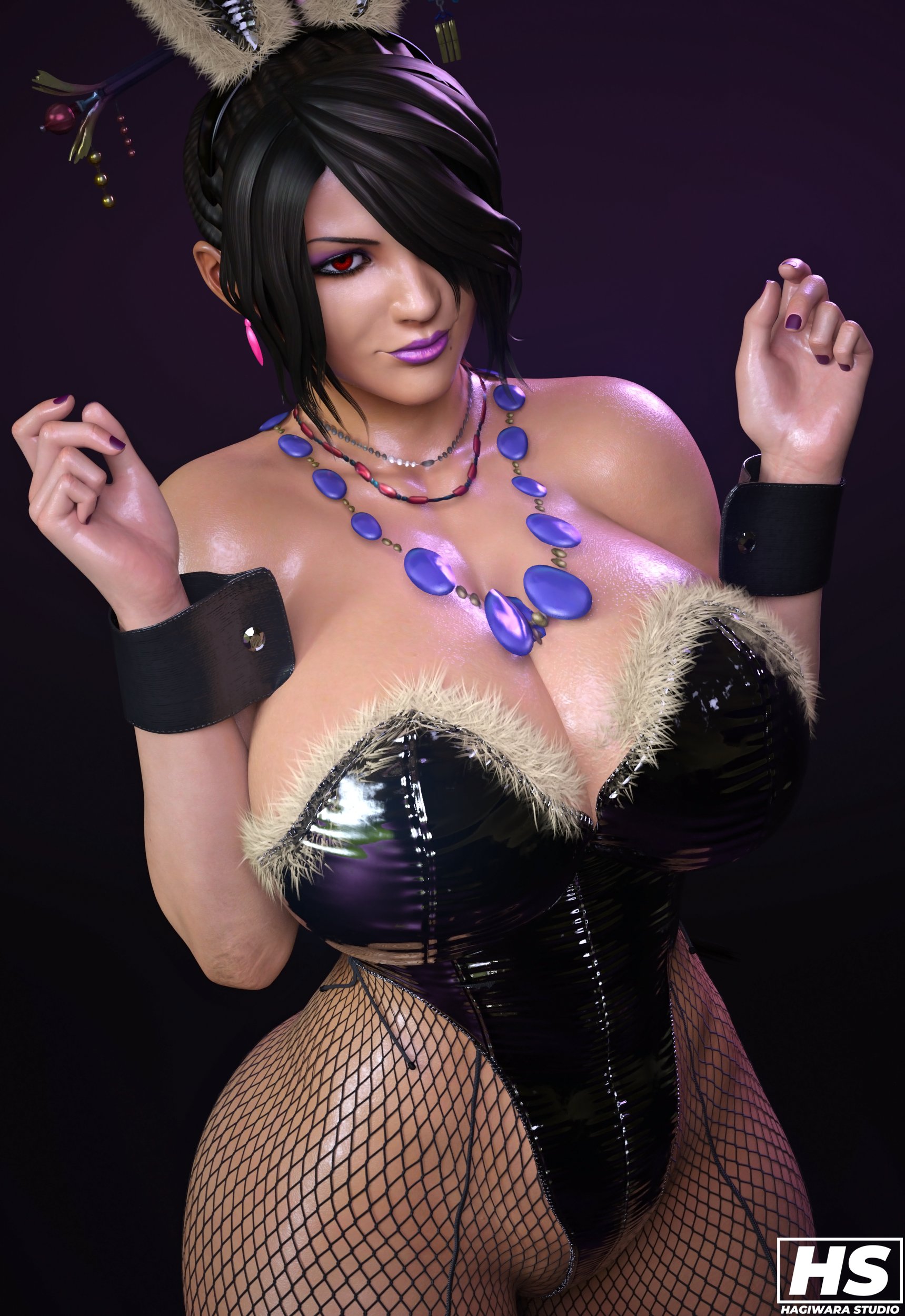 1girls, 2024, 3d, artist logo, artist signature, ass, bare shoulders, big ass, big breasts, big butt, black hair, breasts, bunny ears, bunny girl, bunnysuit, busty, cleavage, color, colored, ear piercing, fantasy, female, final fantasy, final fantasy x, fishnet pantyhose, full color, goth, goth girl, gothic, hagiwara studio, hair, hair over one eye, hips, huge ass, huge breasts, huge butt, jewelry, large ass, large breasts, large butt, leotard, light skin, light-skinned female, lips, lipstick, lulu (final fantasy), massive breasts, nail polish, nails, necklace, ponytail, pose, posing, purple lipstick, purple nail polish, purple nails, red eyes, seductive, square enix, video game, video game character, video game franchise, video games, voluptuous, voluptuous female