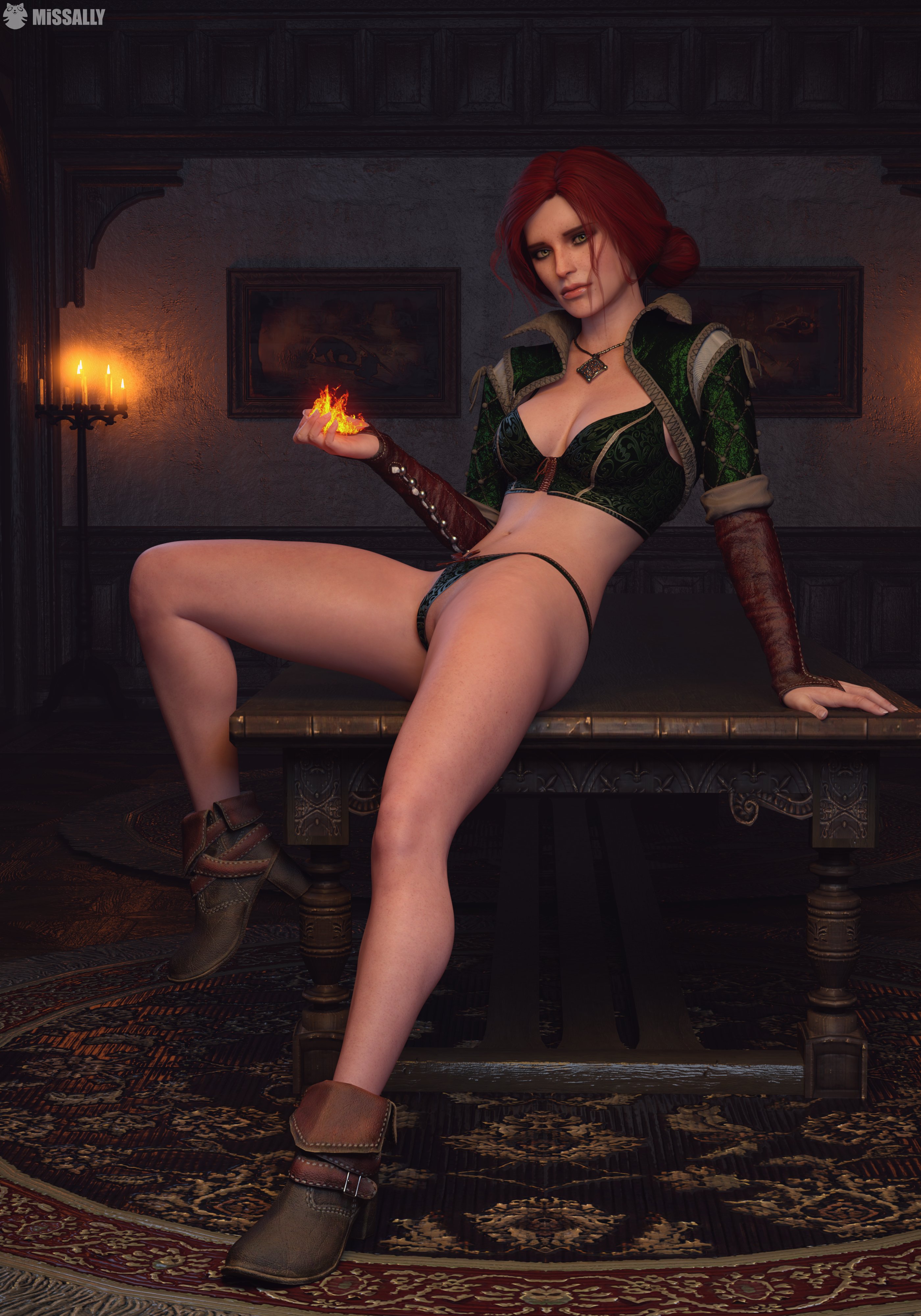 3d, boots, bra, breasts, cd projekt red, female, fire, freckles, freckles on breasts, light-skinned female, looking at viewer, magic, mascara, missally, necklace, red hair, solo, solo female, the witcher (series), the witcher 3: wild hunt, thong, triss merigold