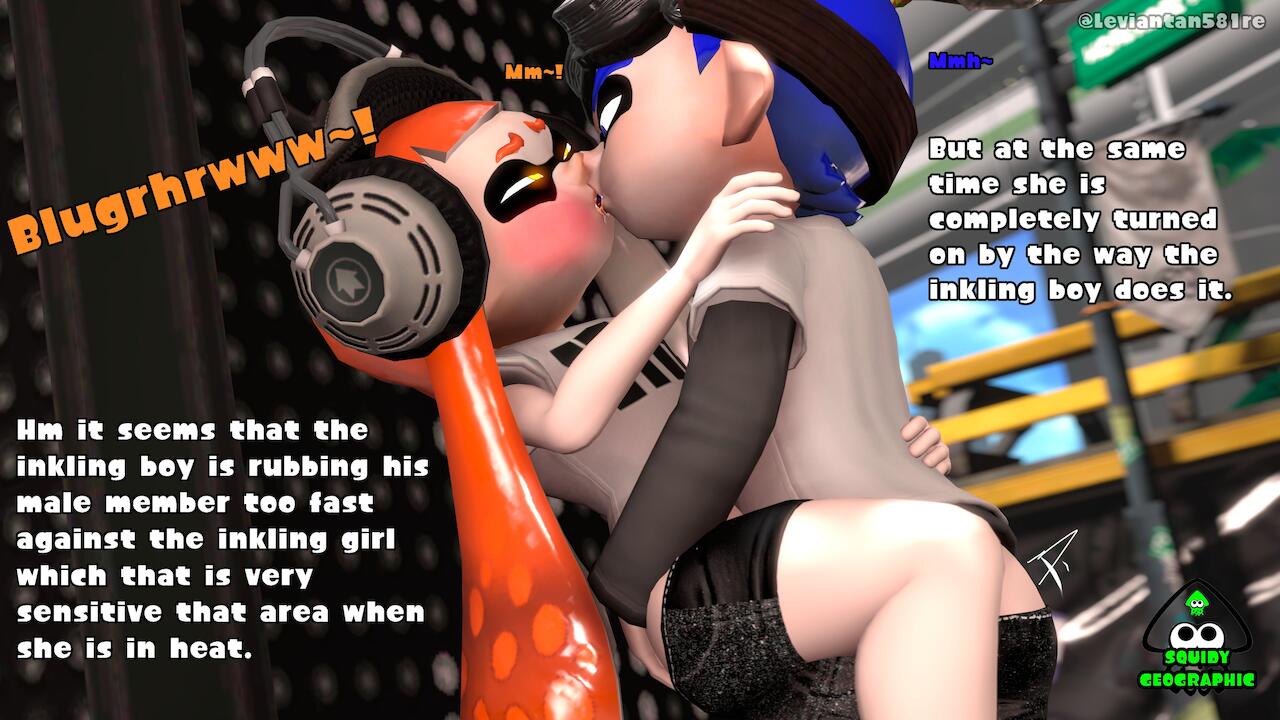 3d 3d_(artwork) against_wall blue_hair blush carrying engrish french_kiss groping_ass hand_on_butt horny humping imminent_sex in_heat inkling inkling_boy inkling_girl john_(splatoon) kaori_(splatoon) kissing leviantan581re long_hair looking_at_partner mating_season moaning orange_hair public public_indecency rubbing shorts_pull splatoon straight text watermark