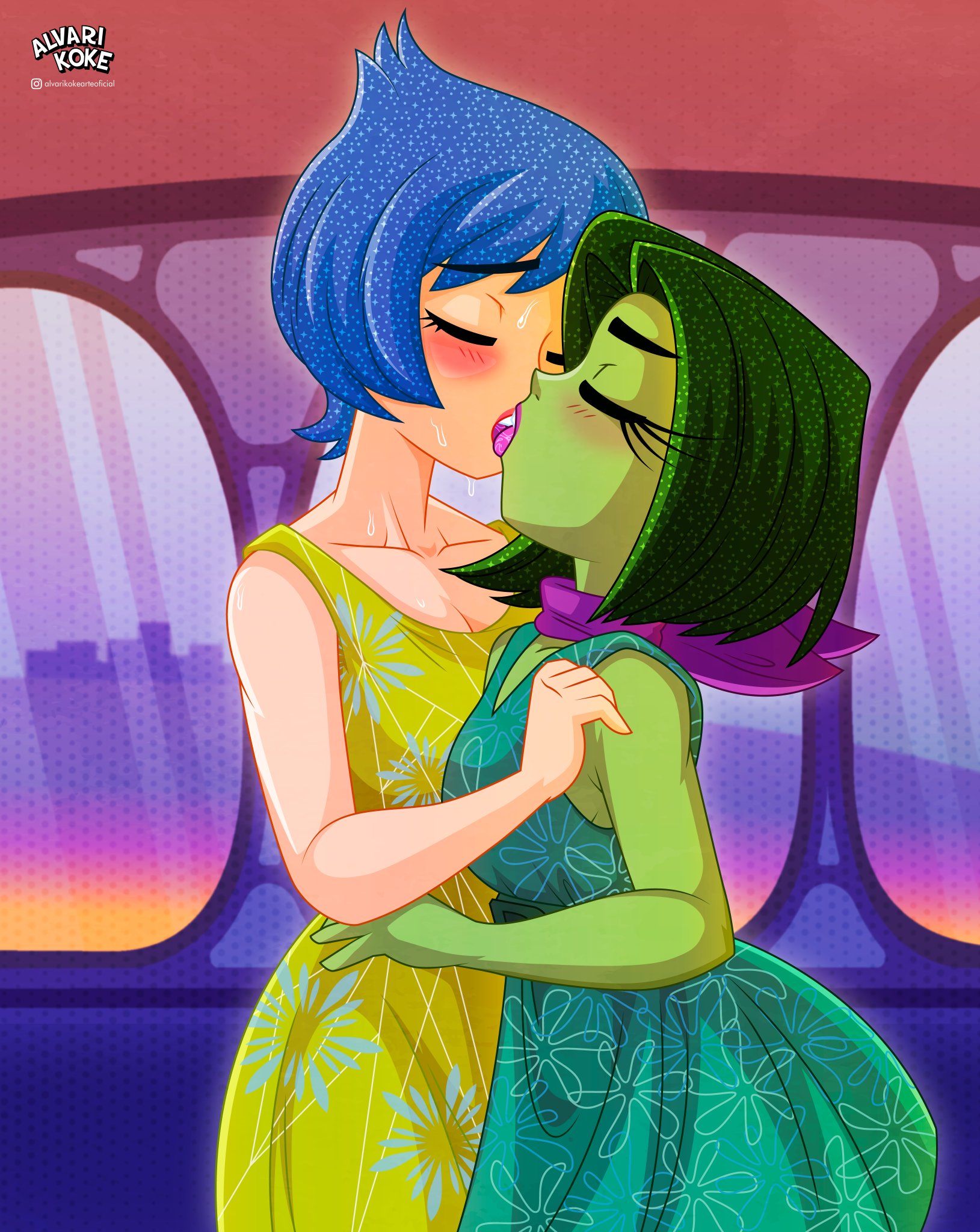 2024, 2d, 2girls, alvarikokearte, blue eyes, blue hair, blush, closed eyes, clothed, clothing, couple, disgust (inside out), disney, dress, duo, duo female, duo focus, female, french kiss, french kissing, full color, fully clothed, green body, green hair, green skin, inside out, inside out 2, joy (inside out), kissing, lesbian kiss, no penetration, no sex, pixar, short hair, short-haired female, sweat, sweating, tagme, tongue, wholesome, yellow body, yellow skin, yuri