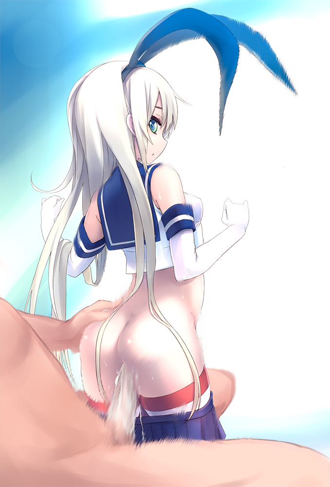 1boy animal_ears ass blonde_hair blue_eyes blush bunny_ears clothed_female_nude_male elbow_gloves female gloves green_eyes hairband kantai_collection long_hair looking_at_viewer motion_blur no_panties penis sex shimakaze_(kantai_collection) skirt skirt_pull small_breasts solo_focus sora_to_umi striped striped_legwear thighhighs