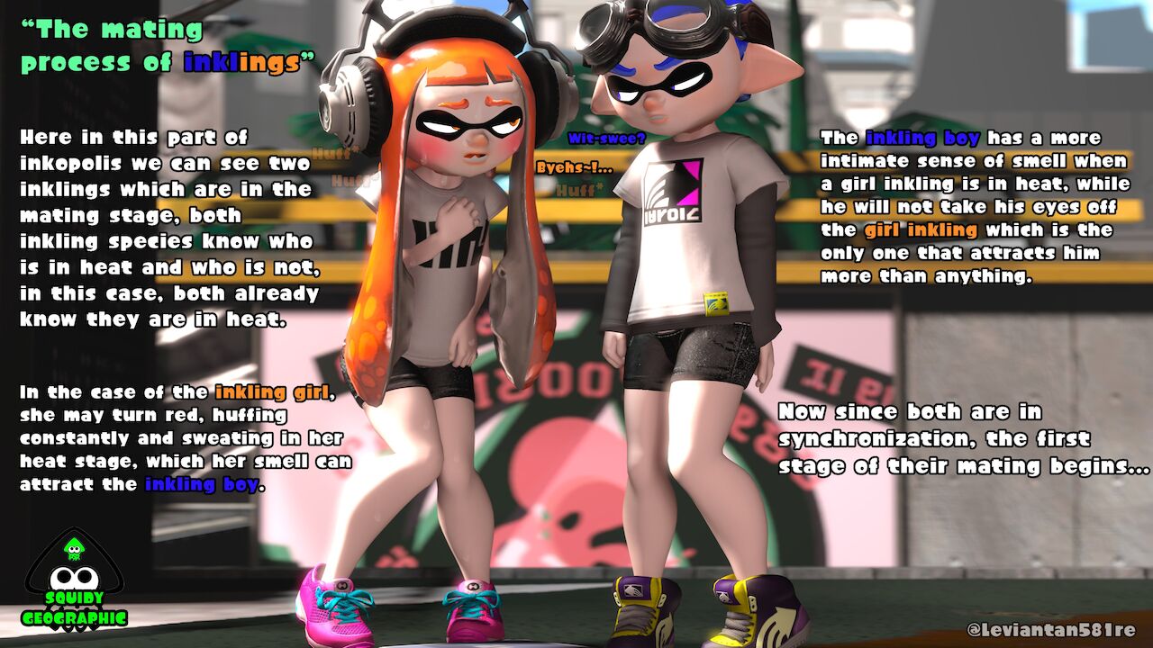 1boy 1girls 3d 3d_(artwork) blue_hair blush engrish horny imminent_sex in_heat inkling inkling_boy inkling_girl john_(splatoon) kaori_(splatoon) leviantan581re long_hair mating_season orange_hair panting public splatoon straight sweating text thick_thighs watermark