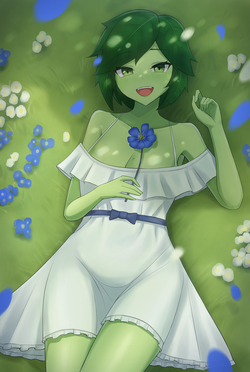 absurdres bare_shoulders blue_flower blush bow breasts cleavage collarbone colored_skin commentary commission day dress english_commentary fangs female flower foliage from_above grass green_eyes green_skin hand_up happy highres holding holding_flower large_breasts leaf leaf_hair looking_at_viewer lying mole mole_on_breast monster_girl on_back open_mouth original original_character outdoors outside plant_girl plant_hair plant_humanoid shadow smile solo sssiluva vanu_aureyama white_dress white_flower