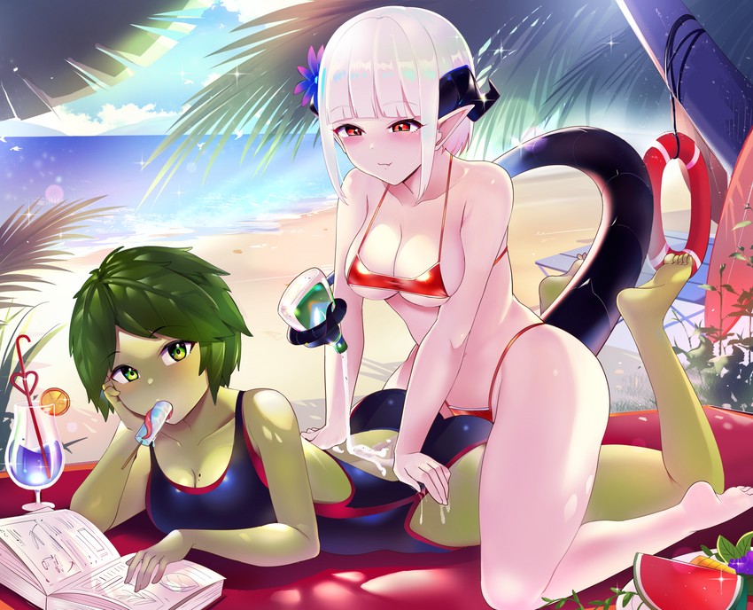 2girls akane_(oc) ass bare_shoulders barefoot beach bikini black_one-piece_swimsuit blue_sky blush book branch breasts cleavage cloud colored_skin commentary commission crazy_straw cup day dragon_girl dragon_horns dragon_tail drinking_glass drinking_straw english_commentary fang feet flower foliage food food_in_mouth fruit grapes green_eyes green_skin hair_flower hair_ornament hand_on_own_face hands_on_another's_back heart_straw highleg highleg_bikini highres holding holding_with_tail horizon horns large_breasts leaf legs_up lifebuoy long_tongue looking_at_viewer lying mole mole_on_breast monster_girl multiple_girls ocean on_stomach one-piece_swimsuit open_book original original_character original_characters outdoors palm_leaf plant_girl plant_hair plant_humanoid pointy_ears popsicle popsicle_in_mouth prehensile_tail prehensile_tongue red_bikini red_eyes salad_dressing saliva sideboob sitting sitting_on_person sky smile soles sunlight surfboard swim_ring swimsuit tail tail_wrap thighs toes tongue tongue_hold towel tropical vanu_aureyama watermelon watermelon_slice white_hair xiaodi yuri