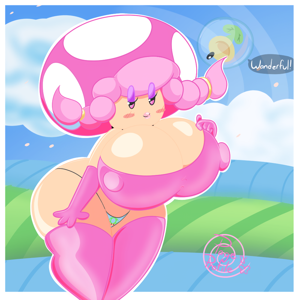 1girl 1girls big_ass big_breasts boots bubble clouds dialogue eyelashes female grass_field hair lips mario_(series) mob_face mushroom_cap mushroom_girl mushroom_humanoid nintendo pageprofile pink_hair shiny_skin shortstack sky smug smug_face super_mario_bros._wonder talking_flower_(super_mario_bros._wonder) text thong toadette twintails