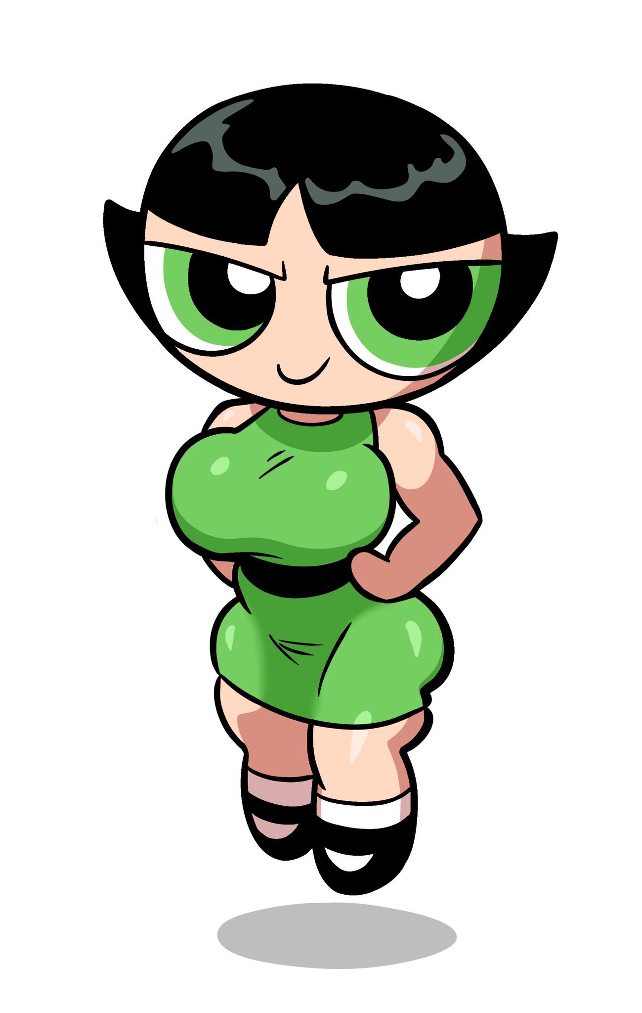 artstyle_imitation big_ass black_hair bob_cut buttercup_(powerpuff_girls) cartoon_network fat_ass floating hands_on_hips powerpuff_girls superheroine thiccbrickk thick thin_waist voluptuous