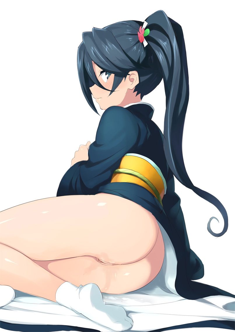 2013 ascii_media_works ass blue_eyes blue_hair blush dengeki_daioh female hataraku_maou-sama! kamazuki_suzuno kimono long_hair looking_at_viewer no_panties pussy pussy_juice shin'ya_(shin'yanchi) socks solo thighs uncensored white_background white_fox_(studio)