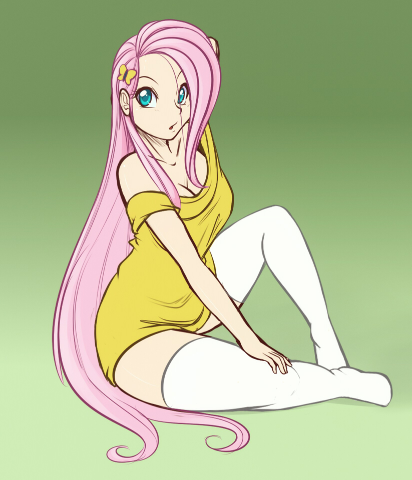 blue eyes, breasts, cleavage, female, female only, fluttershy (mlp), friendship is magic, hasbro, human, humanized, my little pony, pink hair, scorpdk, solo, stockings, straight hair