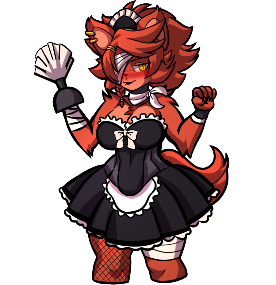 1girls a_fortnight_at_frenni_fazclaire's anthro breasts clothing digital_drawing_(artwork) dress female female_focus female_only fexa five_nights_at_freddy's foxy_(cally3d) foxy_(fnaf) fur furry game_cg maid maid_uniform solo