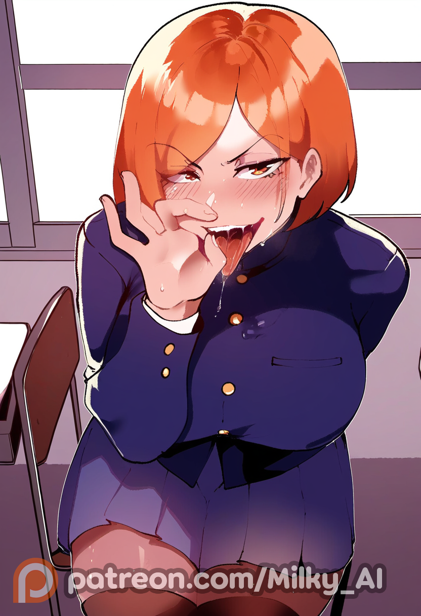 1girls ai_generated big_breasts blush brown_eyes brown_hair eye_contact fellatio_gesture female hi_res jujutsu_kaisen kugisaki_nobara looking_at_viewer milky_ai naughty_face oral oral_gesture oral_insinuation oral_invitation patreon portrait pov saliva saliva_drip school_uniform seductive seductive_eyes seductive_mouth seductive_smile short_hair sitting skirt thiccwithaq_(ai_style) thick_thighs throat tongue_out