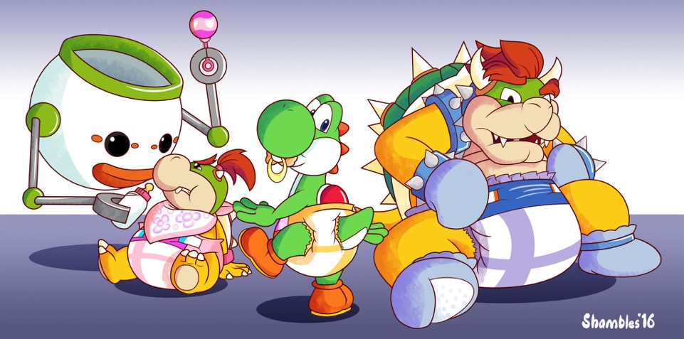 2016 3boys abdl anthro bowser bowser_jr. clown_car diaper diaper_only diaperfur embarrassed male mario_(series) pacifier pacifier_in_mouth shambles yoshi